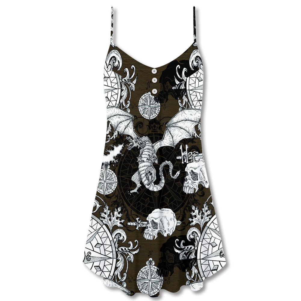 Gothic Dragon With Skull Wings V-Neck Sleeveless Cami Dress For Vacations And Casual Warm Weather Wear
