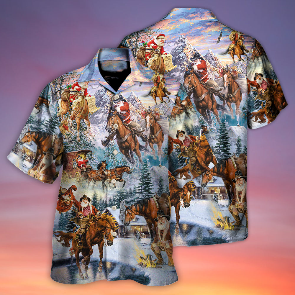 Horse Christmas Riding Snow Mountain Hawaiian Shirt Pattern Detail For Summer Holidays And Outdoor Fun