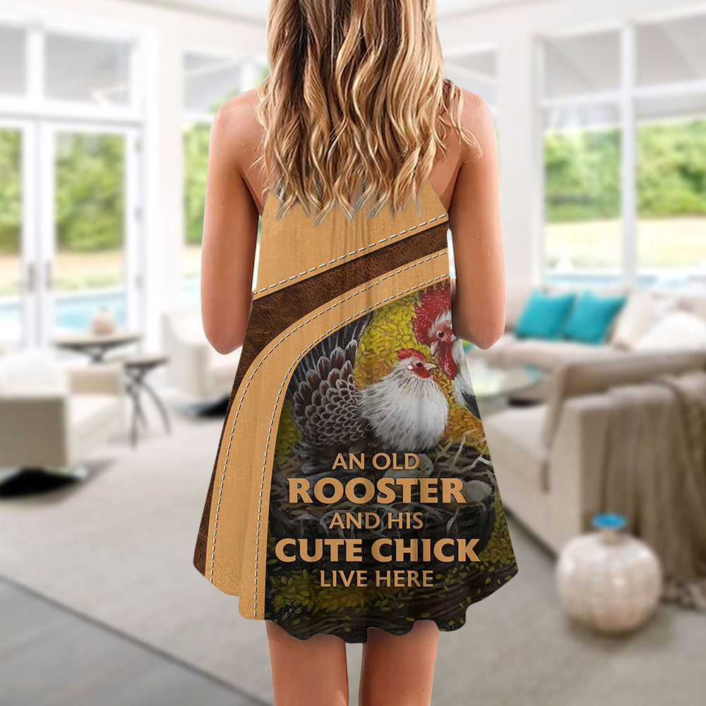 Old Rooster And Cute Chick V-Neck Sleeveless Cami Dress For Festivals Travel And Relaxed Casual Summer Wear
