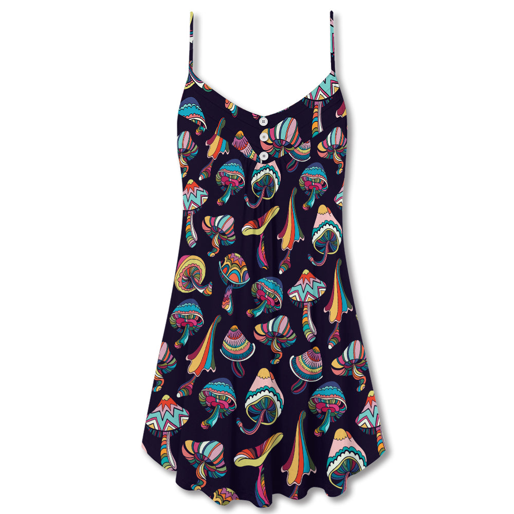 Hippie Mushroom Peace Love Life V-Neck Sleeveless Cami Dress For Festivals Travel And Relaxed Casual Summer Wear