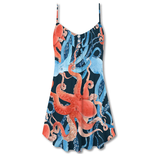 Colorful Octopus Ocean Life – Women's Summer Sleeveless V-Neck Camisole Dress