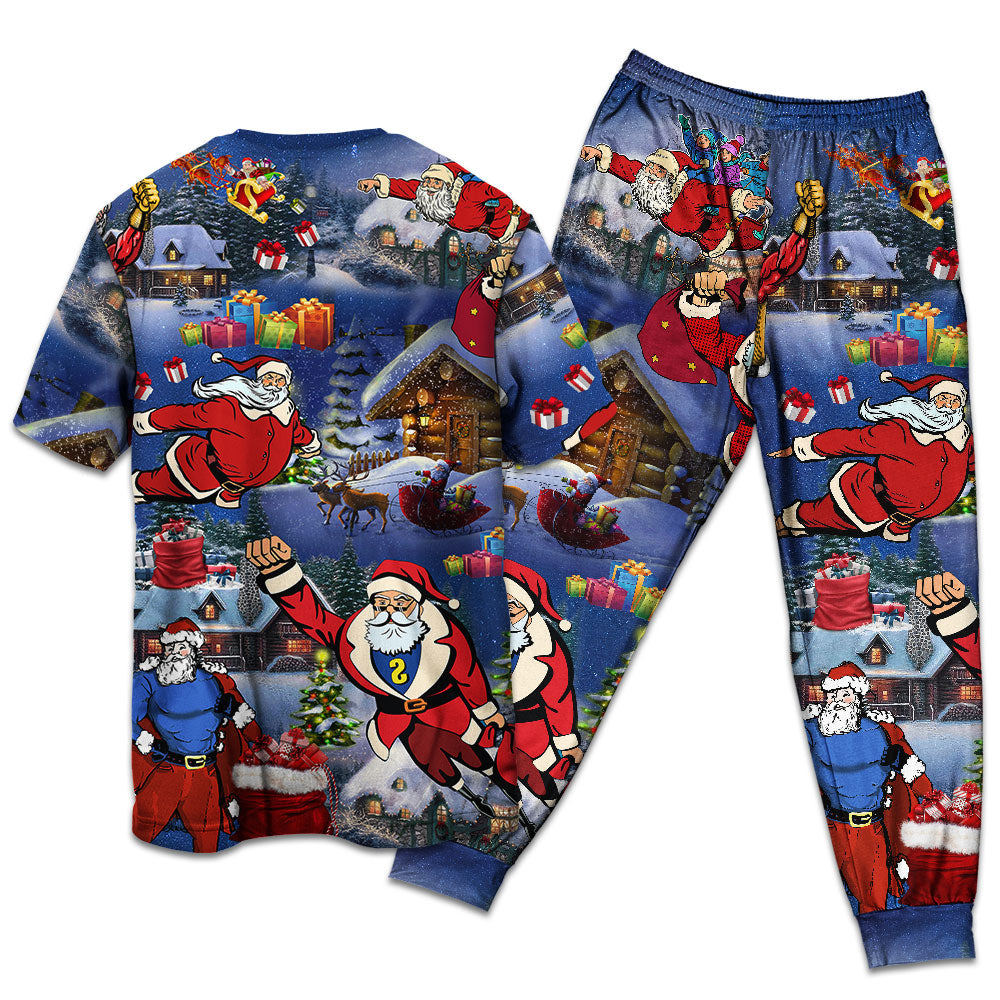 Flying Santa Christmas Short Sleeve Pajamas Set For Christmas Sleepwear And Family Lounging