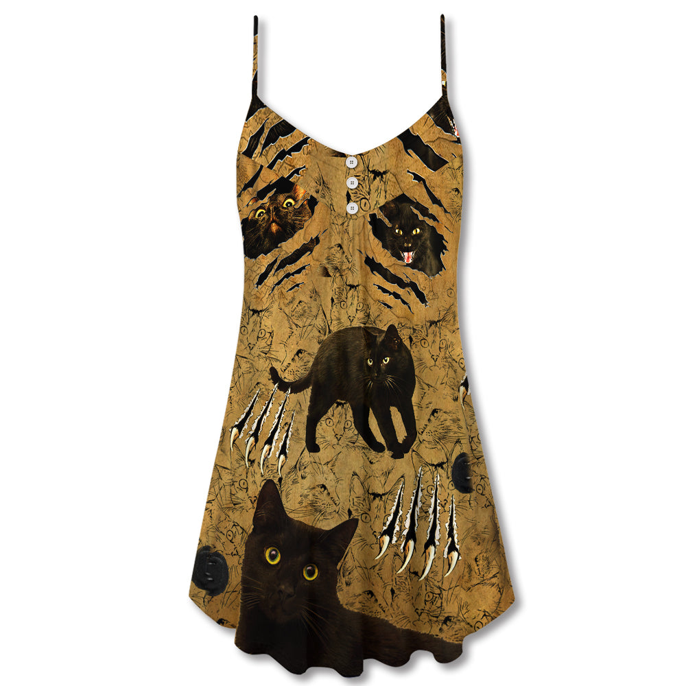 Black Cat Put Your Paws Up V-Neck Sleeveless Cami Dress For Festivals Travel And Relaxed Casual Summer Wear
