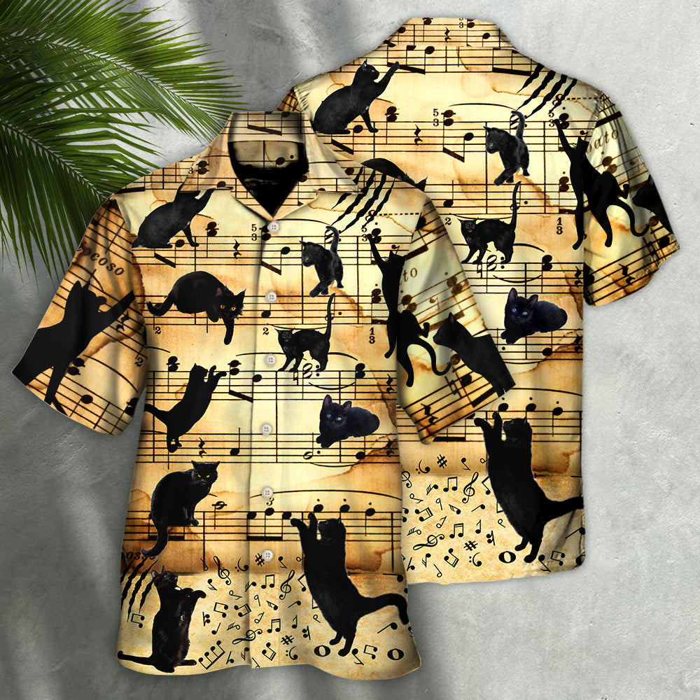 Black Vintage Cat Music Note Hawaiian Shirt Artwork Detail For Tropical Trips And Casual Outings