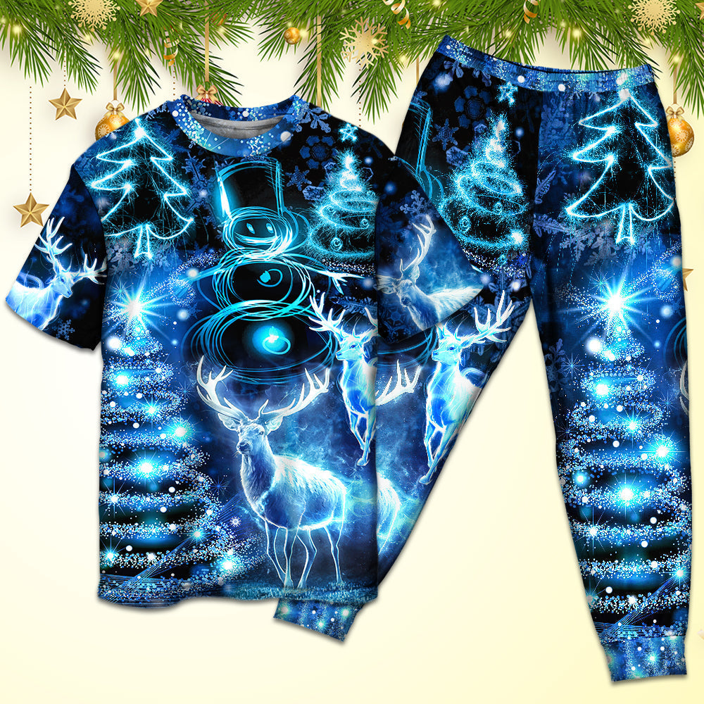 Deer Snowman Christmas Tree Lights Short Sleeve Pajamas Set For Holiday Bedtime And Cozy Home Wear