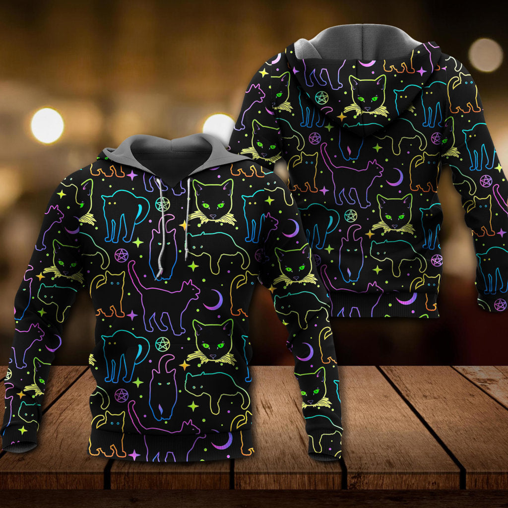 Neon Colorful Cat Playing Kitten Hoodie For Animal Enthusiasts Outdoor Activities And Daily Wear