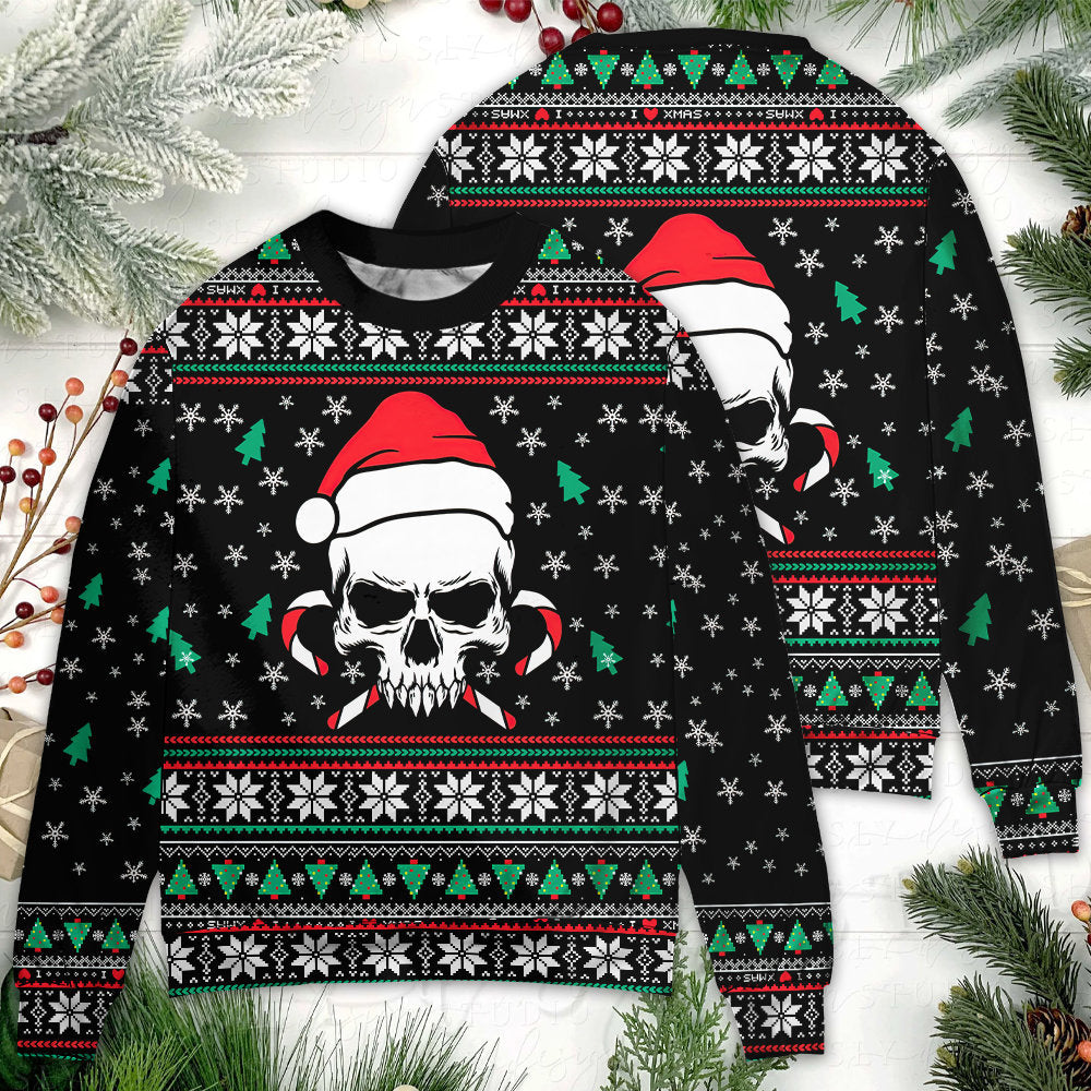 Christmas Skull Santa Hat Candy Sweater For Holiday Travel Winter Outings And Cheerful Gift Giving
