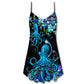 Octopus With Flowers Ocean Day V-Neck Sleeveless Cami Dress For Beach Trips And Relaxed Vacation Style