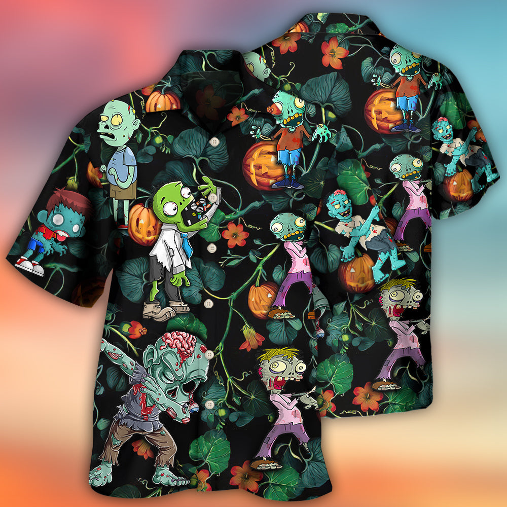 Tropical Zombie Halloween Pumpkin Scary Hawaiian Shirt Artwork Detail For Tropical Trips And Casual Outings