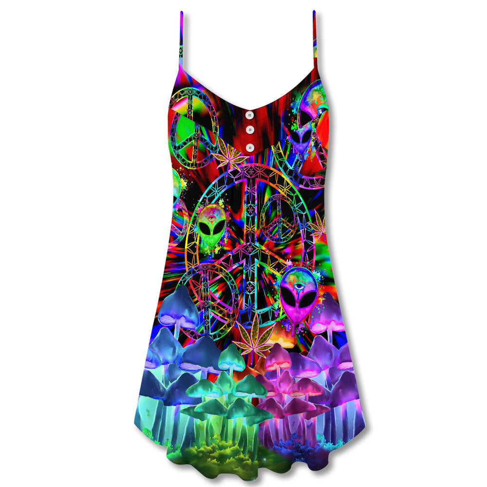 Hippie Alien Peace Colorful V-Neck Sleeveless Cami Dress For Festivals Travel And Relaxed Casual Summer Wear