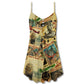 Vintage Pilot Cat Art V-Neck Sleeveless Cami Dress For Vacations And Casual Warm Weather Wear