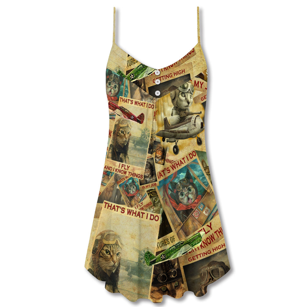 Vintage Pilot Cat Art V-Neck Sleeveless Cami Dress For Vacations And Casual Warm Weather Wear