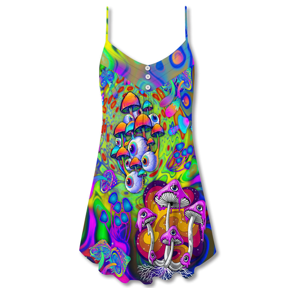 Stay Trippy Hippie Mushroom V-Neck Sleeveless Cami Dress For Summer Getaways Parties And Expressive Hippie Style