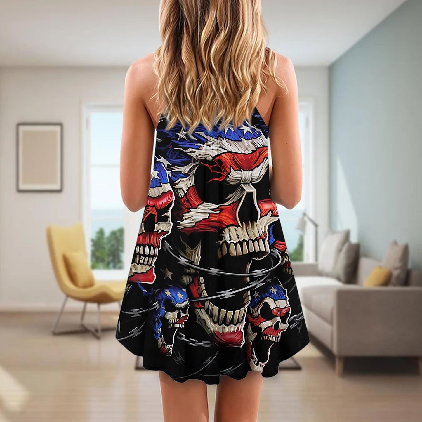 Skull Love America Forever V-Neck Sleeveless Cami Dress For Alternative Festivals And Bold Summer Style