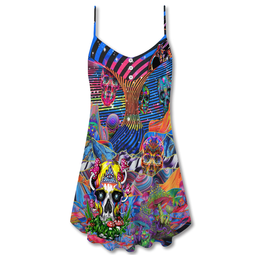 Hippie Colorful Skull Love Life V-Neck Sleeveless Cami Dress For Festivals And Distinctive Alternative Styling