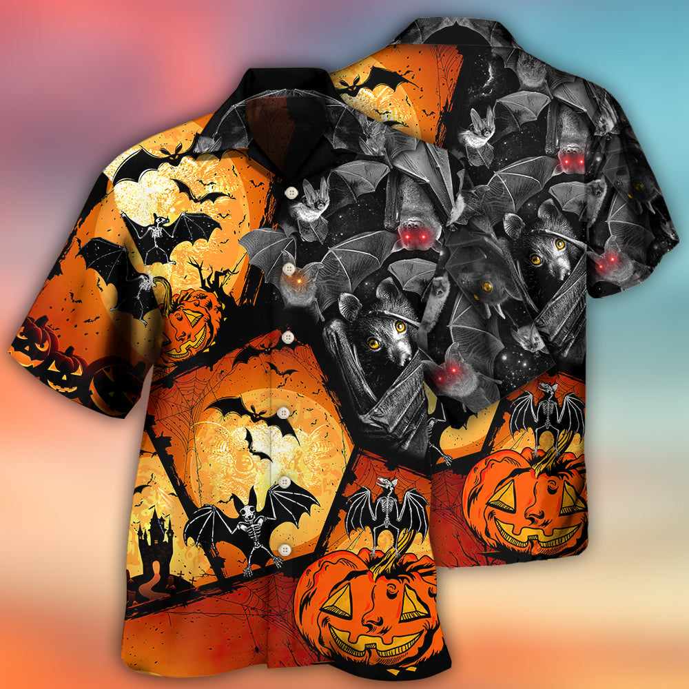 Halloween Dark Bat Pumpkin Hawaiian Shirt Collar And Front View For Island Holidays