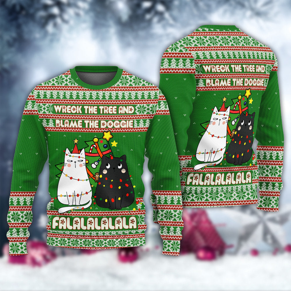 Cat Wrecks Tree Meowy Christmas Sweater For Winter Parties Seasonal Adventures And Relaxed Everyday Styling