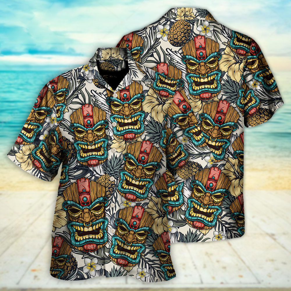 Tropical Tiki Tribal Mask Leaf Hawaiian Shirt Pattern View For Relaxed Warm Weather Outfits