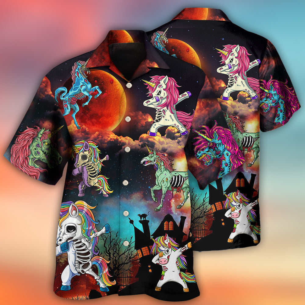 Zombie Halloween Unicorn Dabbing Fun Hawaiian Shirt Pattern View For Relaxed Warm Weather Outfits
