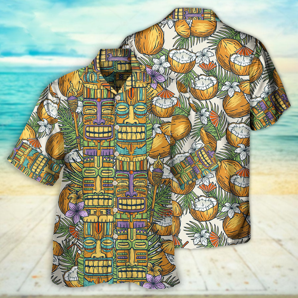 Tropical Tiki Tradition Tribal Mask Coconut Hawaiian Shirt Artwork View For Coastal Escapes And Resort Style