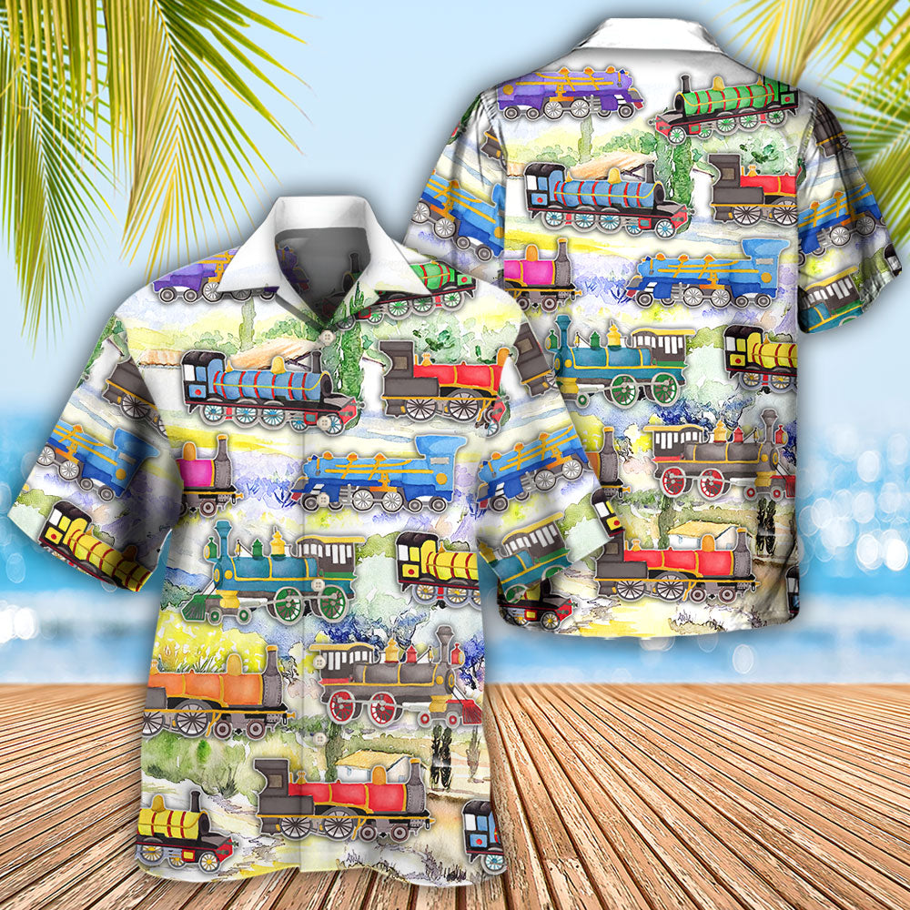 Watercolor Train Mountain Landscape Hawaiian Shirt Pattern View For Relaxed Warm Weather Outfits