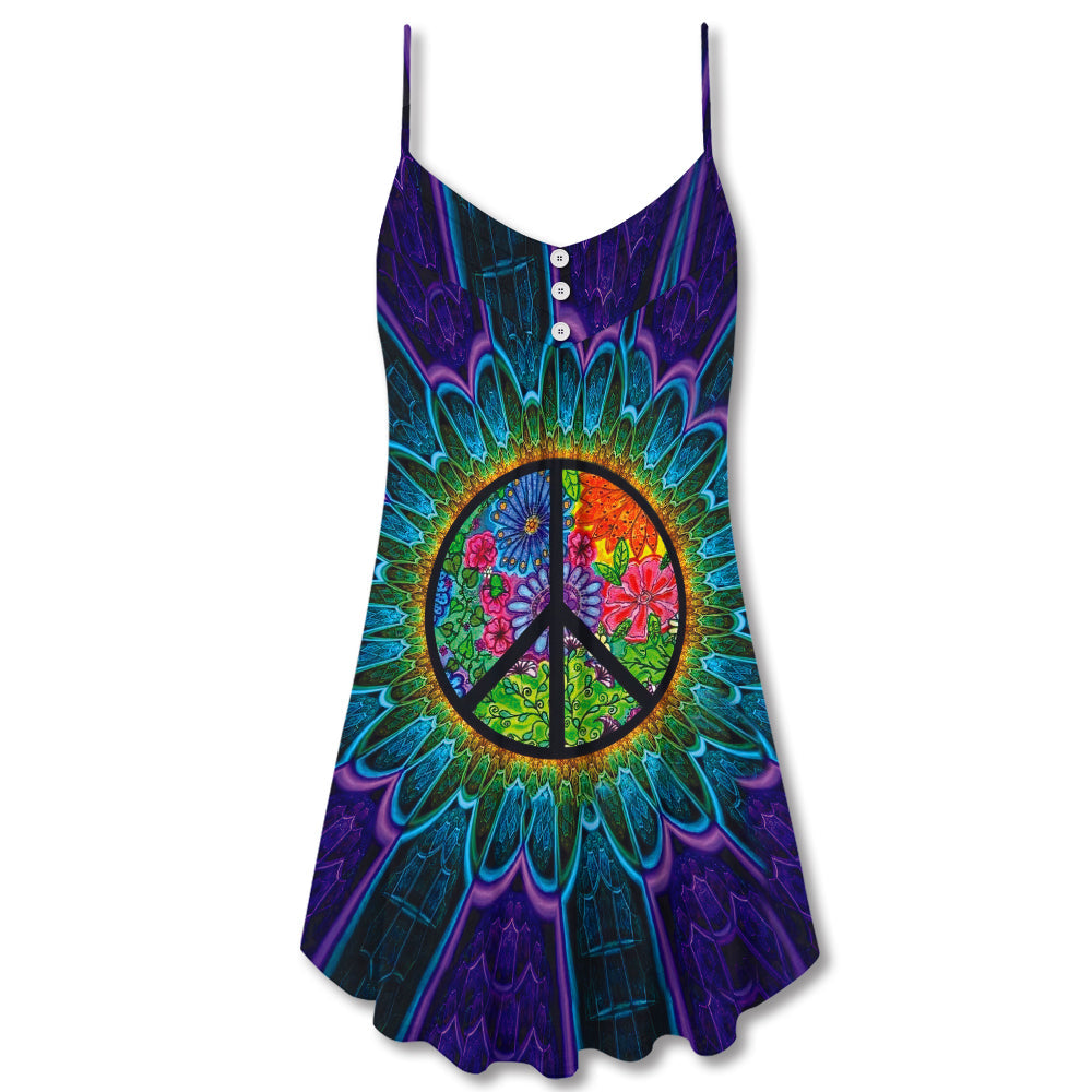 Hippie Peace Sign Lover V-Neck Sleeveless Cami Dress For Summer Getaways Parties And Expressive Hippie Style