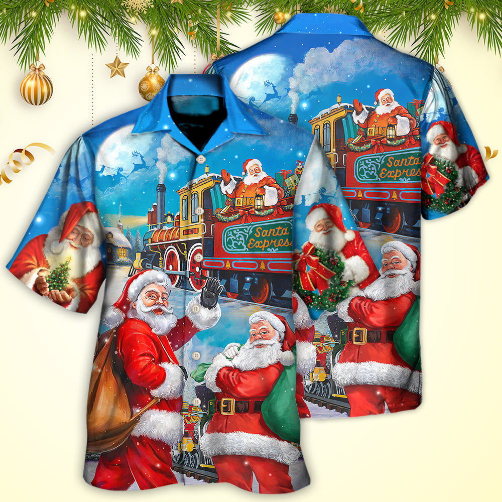 Christmas Santa Train Gift Hawaiian Shirt Pattern View For Relaxed Warm Weather Outfits