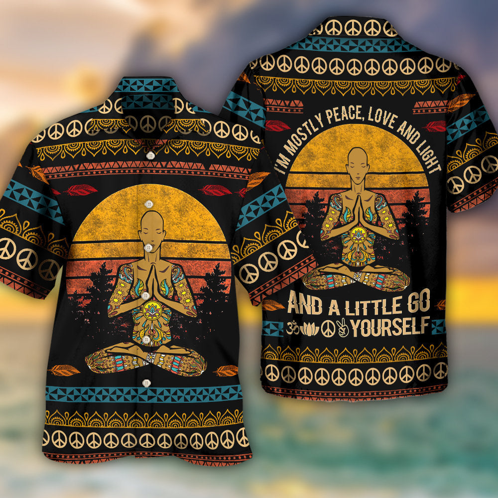 Yoga Mostly Peace Light Hawaiian Shirt Pattern Detail For Vacation Travel And Daily Wear