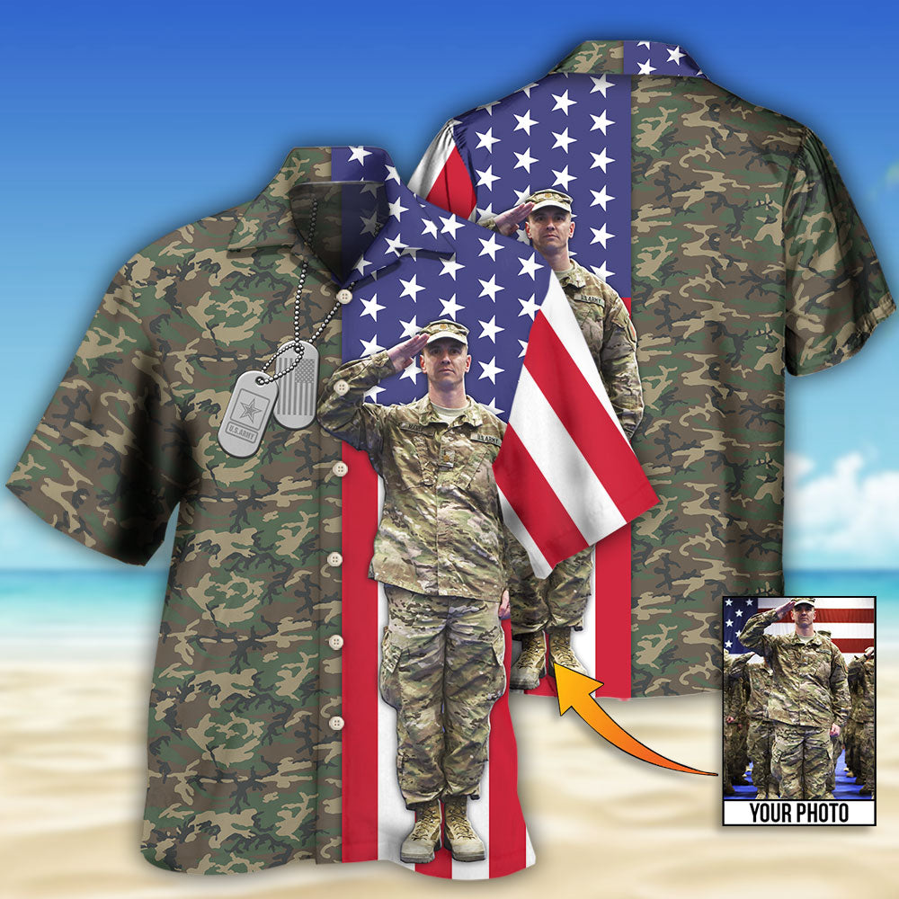 Tropical US Army Flag Custom Photo Hawaiian Shirt Artwork View For Weekend Travel And Beach Style