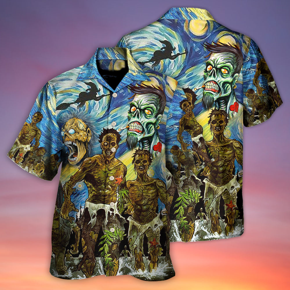 Funny Zombie Halloween Starry Night Boo Hawaiian Shirt Pattern Detail For Vacation Travel And Daily Wear