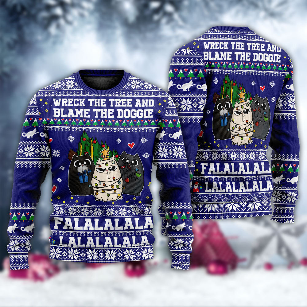 Cat Wrecks Tree Meowy Christmas Sweater For Holiday Parties Family Gatherings And Seasonal Gift Giving