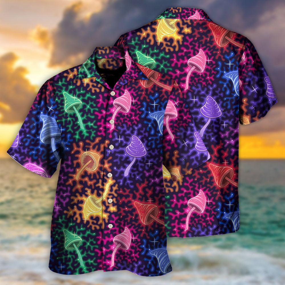 Rainbow Colorful Mushroom Galaxy Bright Hawaiian Shirt For Summer Vacation And Beach Travel