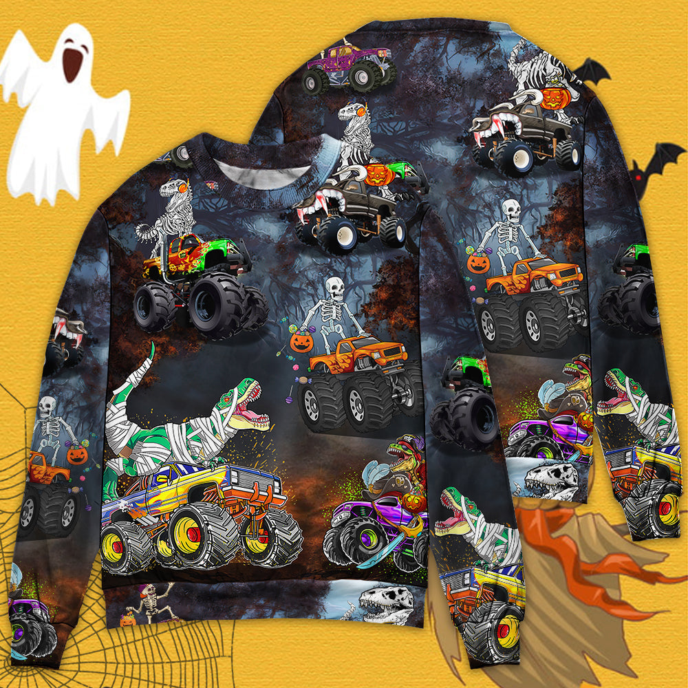 Halloween Skeleton Dinosaur Monster Truck Sweater For Art Lovers Holidays Parties And Comfortable Wear