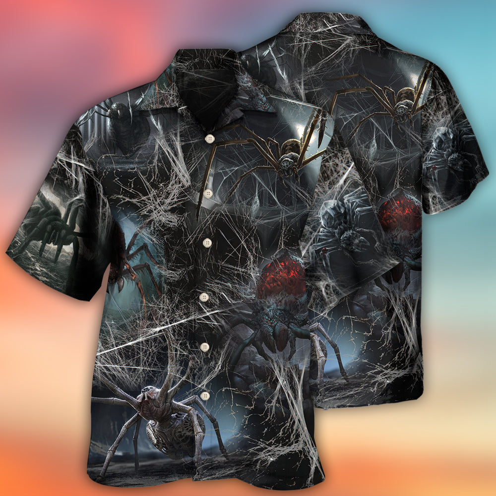 Halloween Spooky Dark Spider Hawaiian Shirt Design View For Tropical Vacations