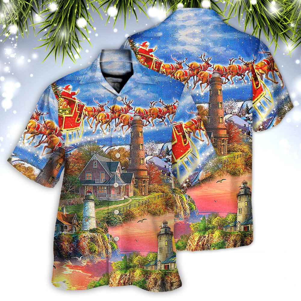 Lighthouse Christmas Santa Shine Hawaiian Shirt Design Detail For Sunny Adventures And Casual Wear