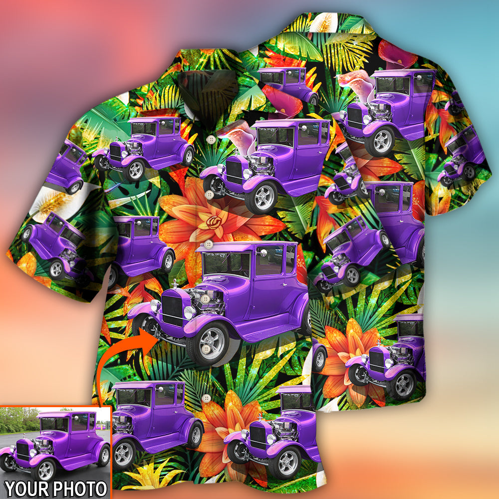 Vintage Tropical Floral Car Custom Photo Hawaiian Shirt Artwork Detail For Resort Trips And Outdoor Activities