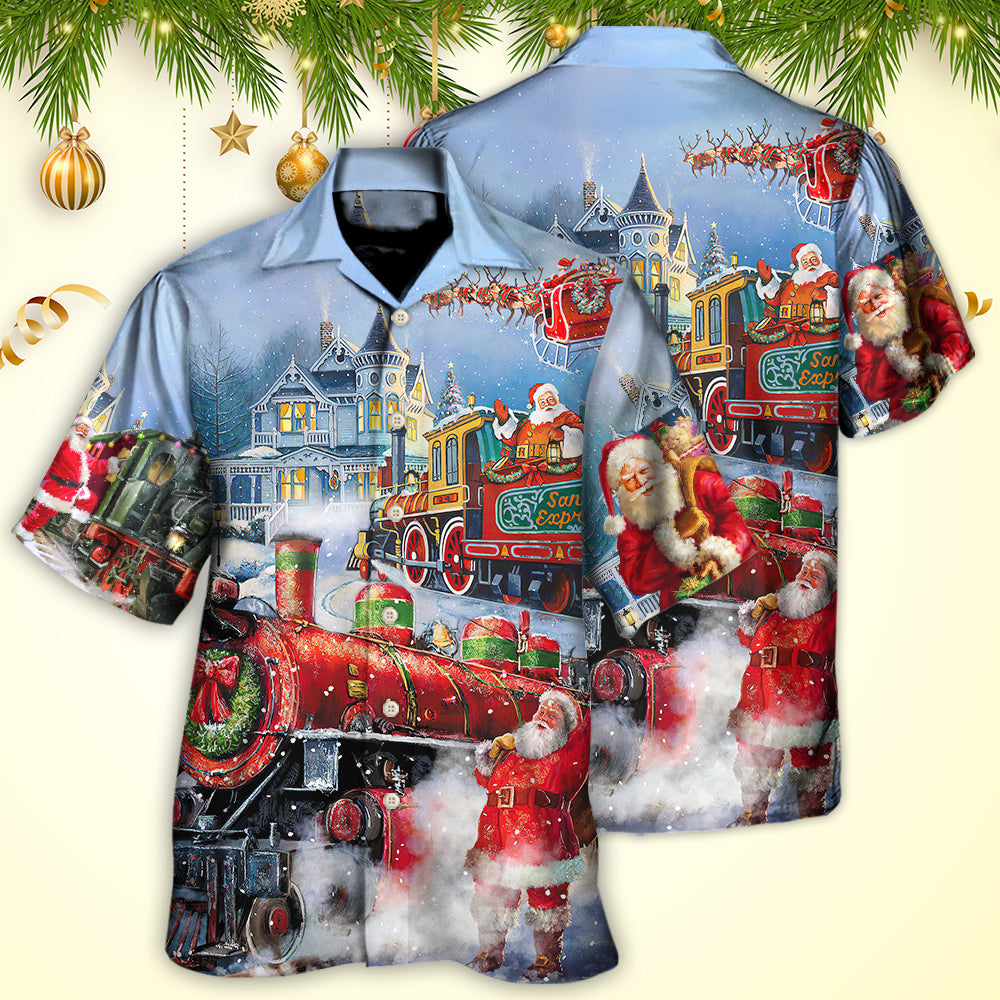 Watercolor Christmas Train Gift Hawaiian Shirt Artwork Detail For Resort Trips And Outdoor Activities