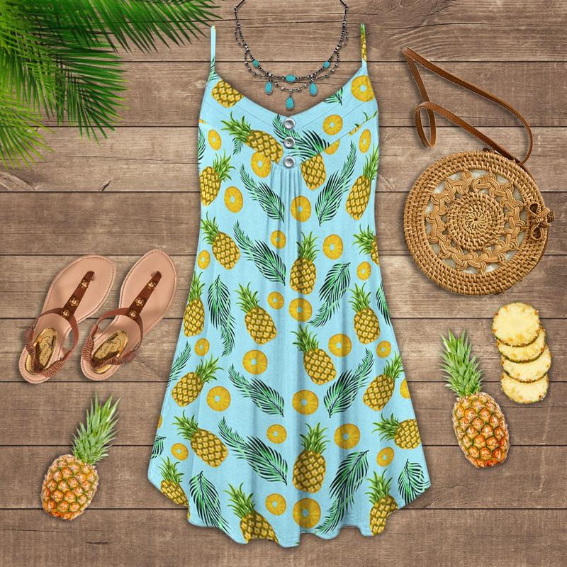Fruit Pineapple Tropical Fresh V-Neck Sleeveless Cami Dress For Beach Festivals And Comfortable Summer Outfits