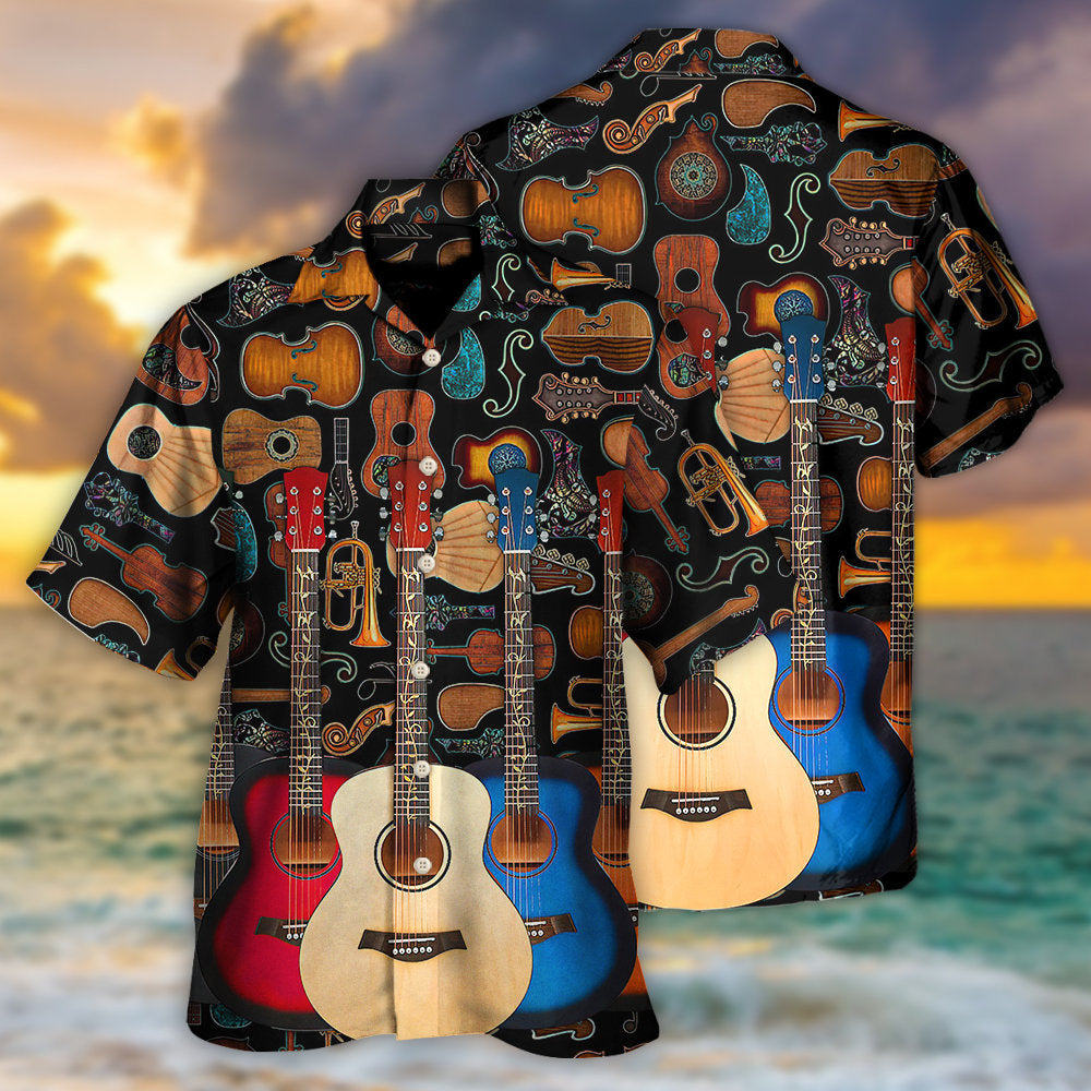 Happy Guitar Music Hawaiian Shirt Artwork Detail For Resort Trips And Outdoor Activities