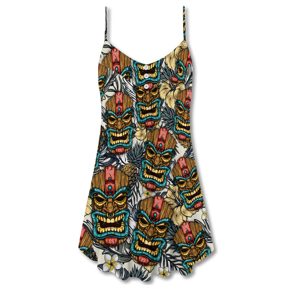 Tiki Tribal Mask Tropical Leaves V-Neck Sleeveless Cami Dress For Summer Events And Comfortable Everyday Style