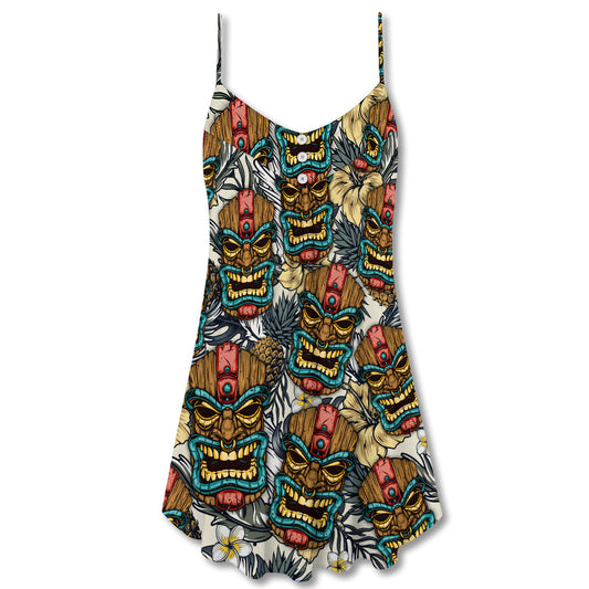 Tiki Tribal Mask Tropical Leaves V-Neck Sleeveless Cami Dress For Summer Events And Comfortable Everyday Style