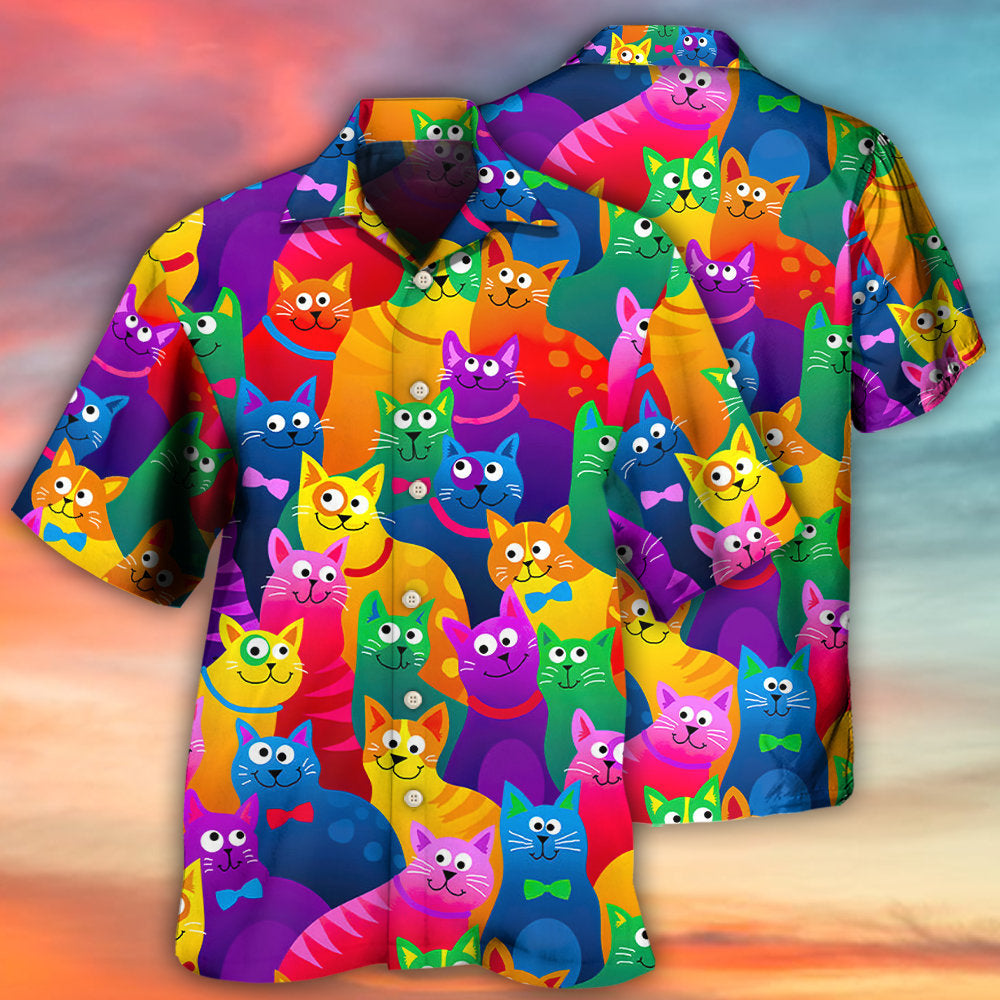 Colorful Funny Cat Hawaiian Shirt Detailed Pattern View For Resort Wear