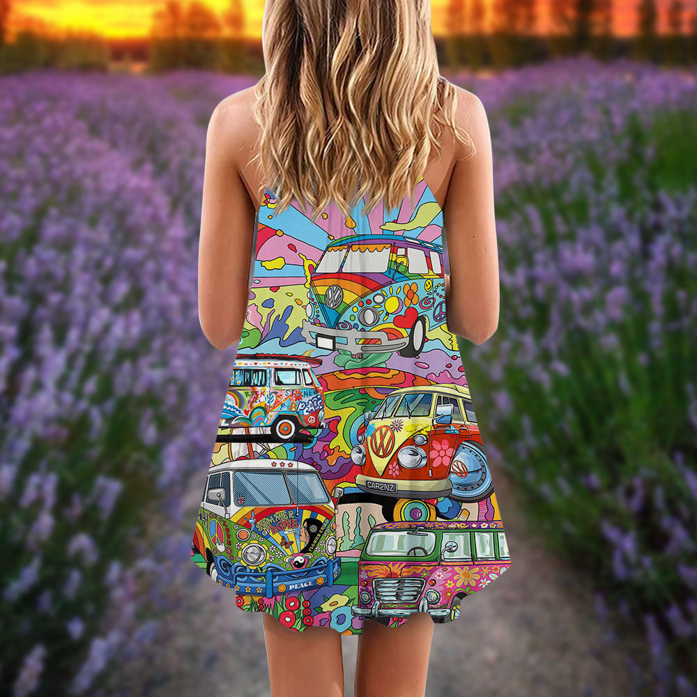 Hippie Van Colorful Peace Art V-Neck Sleeveless Cami Dress For Festivals Vacations And Relaxed Artistic Styling