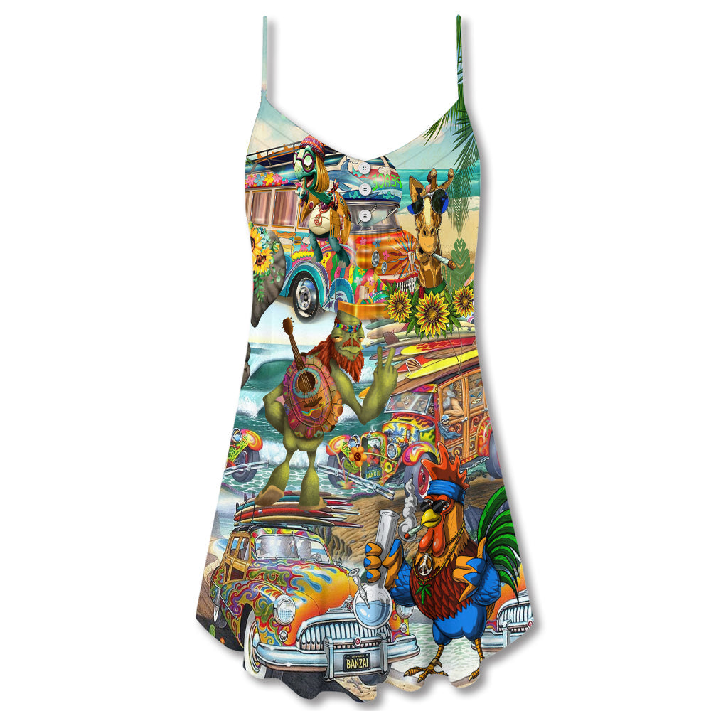 Hippie Funny Animals Beach Love V-Neck Sleeveless Cami Dress For Festivals Travel And Relaxed Casual Summer Wear
