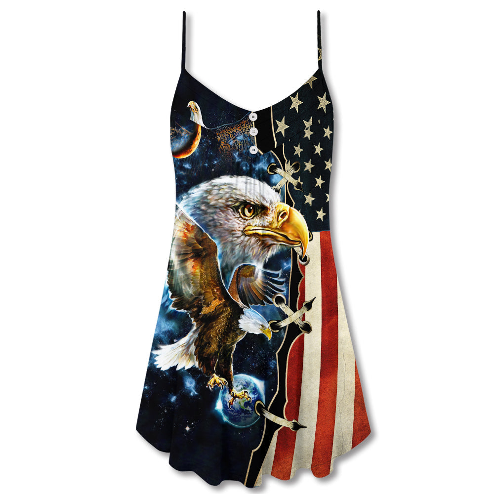 Galaxy Eagle Wildlife V-Neck Sleeveless Cami Dress For Summer Vacations Festivals And Casual Everyday Wear