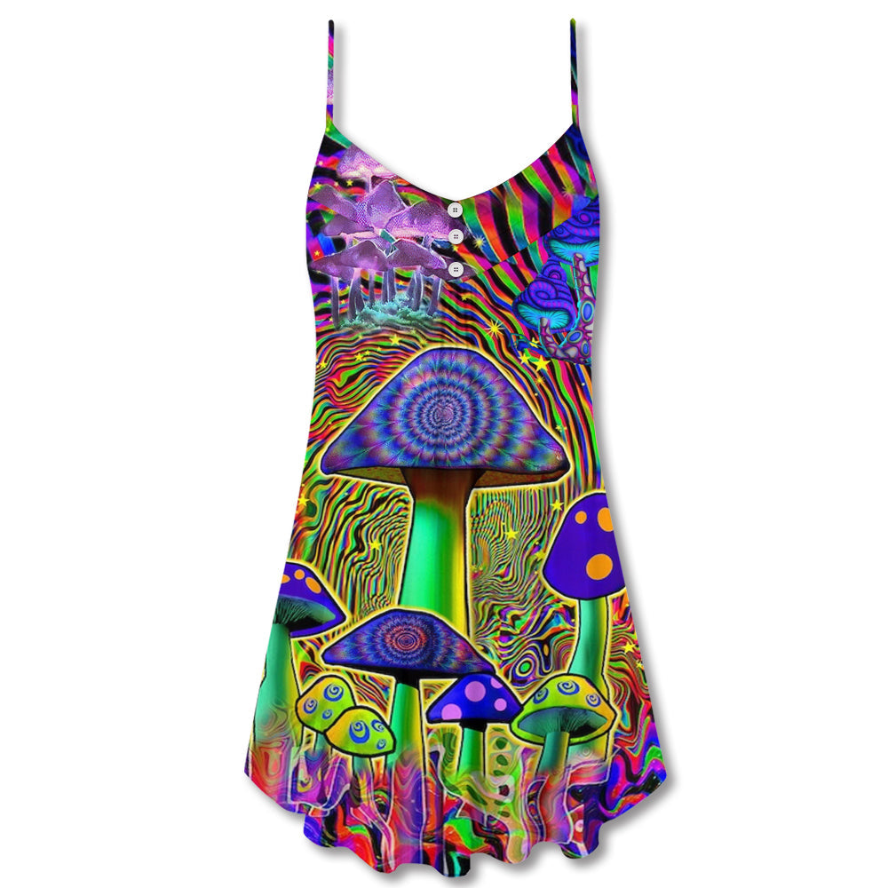 Hippie Mushroom Magic Style V-Neck Sleeveless Cami Dress For Summer Events And Comfortable Everyday Style