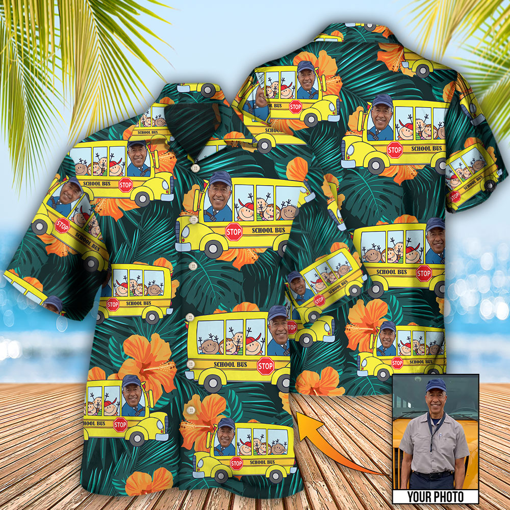 Tropical School Bus Driver Custom Photo Hawaiian Shirt Design Detail For Sunny Adventures And Casual Wear