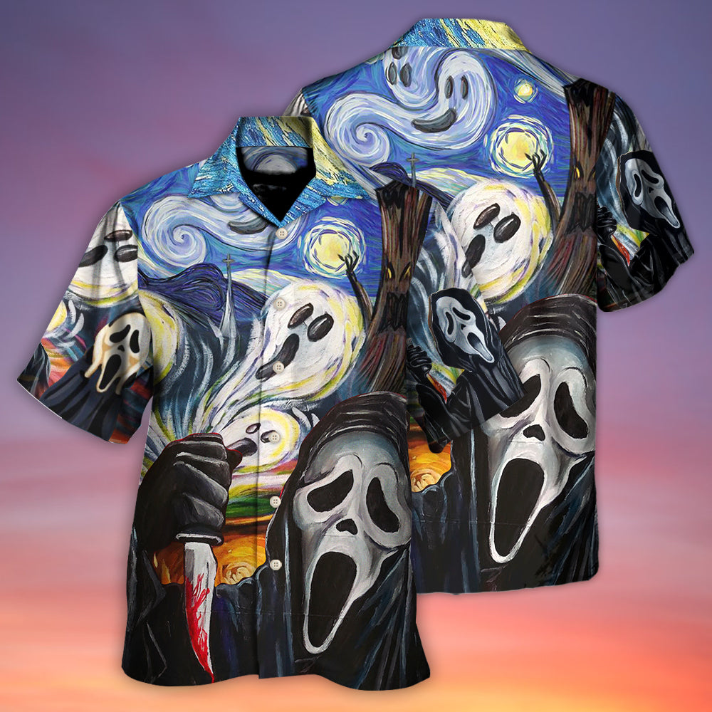 Funny Halloween Ghost Starry Night Boo Hawaiian Shirt For Summer Vacation And Beach Travel