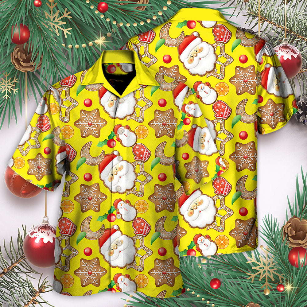 Christmas Santa Snowman Gingerbread Hawaiian Shirt Button Front Artwork For Warm Weather Events