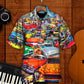 Retro Car Guitar Palm Trees Hawaiian Shirt Artwork Detail For Tropical Trips And Casual Outings